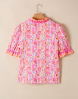 Floral Poppy Stripe Colorblock V-Neck Short Sleeve Blouse