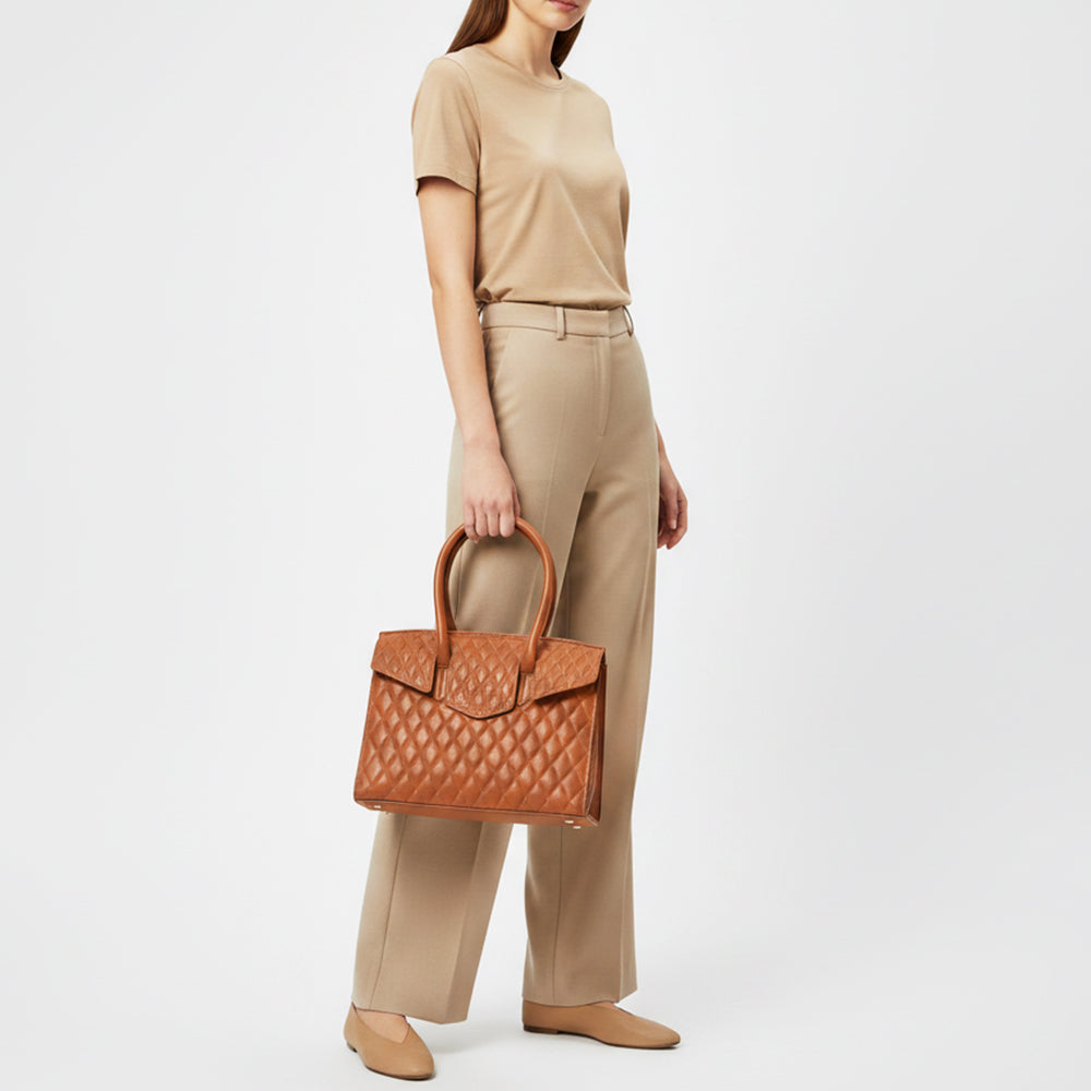 Never Mind Genuine Leather Quilted Tote Bag Women Structured Satchel Handbag Dual Top Handle Spacious Everyday Shoulder Purse