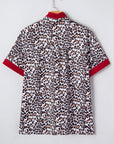 Leopard Contrast Trim Frilled V-Neck Shirt