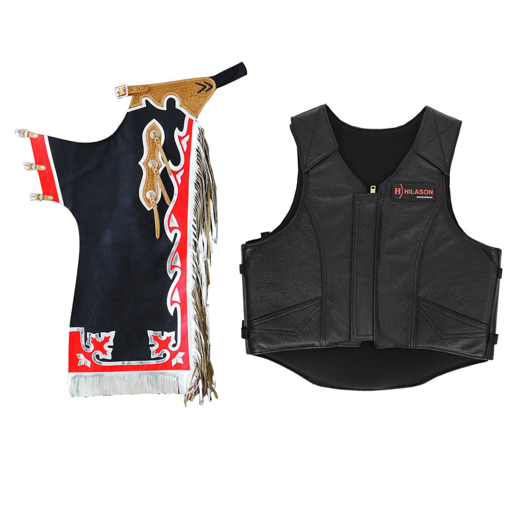 HILASON Western Horse Bull Riding Safety Leather Protective Vest &amp; Rodeo Chaps Combo