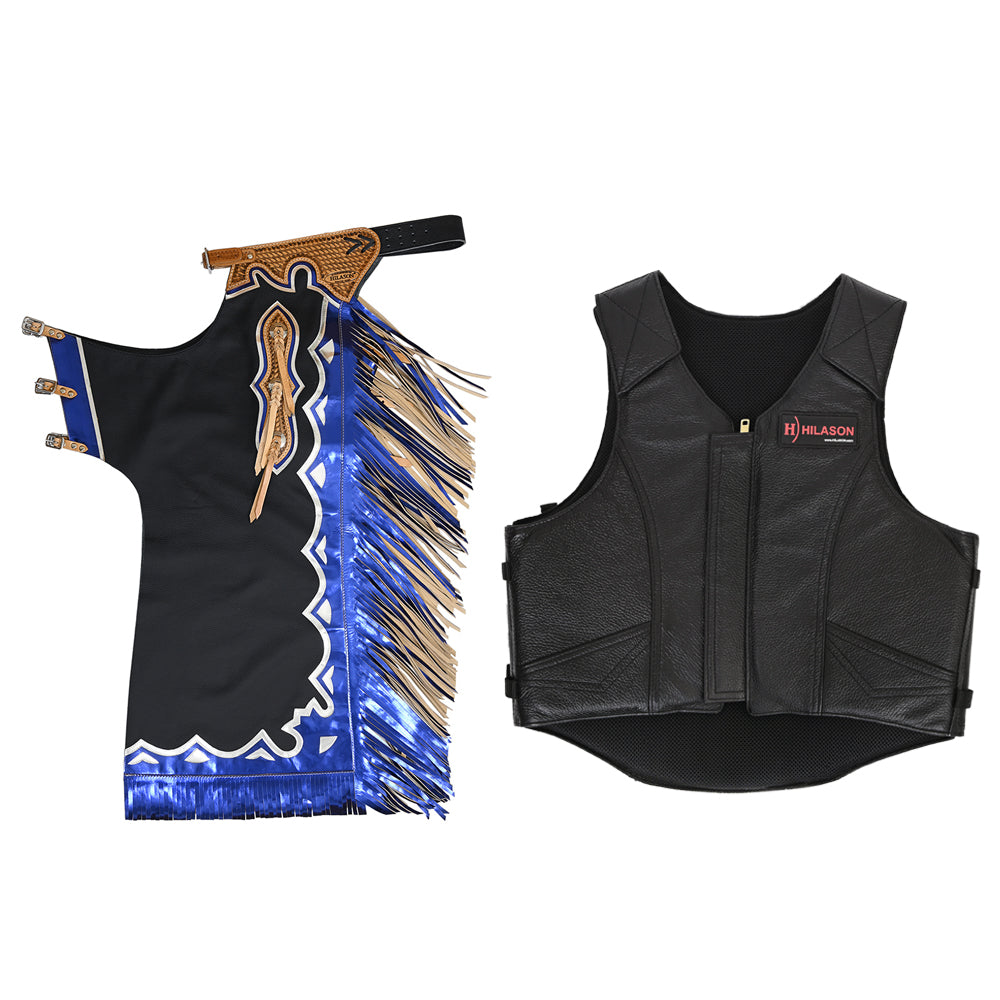 HILASON Western Horse Bull Riding Safety Leather Protective Vest &amp; Rodeo Chaps Combo