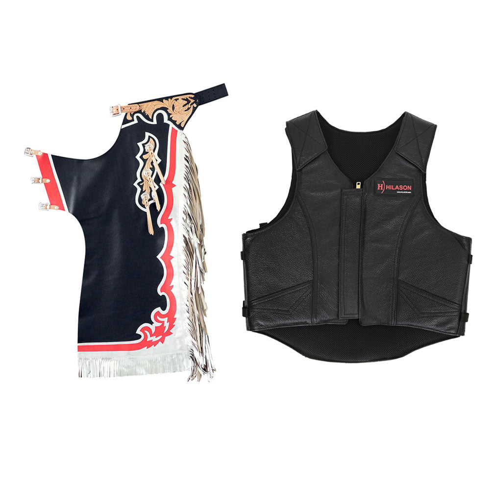 HILASON Western Horse Bull Riding Safety Leather Protective Vest &amp; Rodeo Chaps Combo