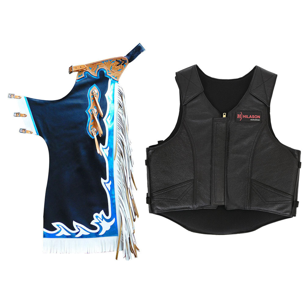 HILASON Western Horse Bull Riding Safety Leather Protective Vest &amp; Rodeo Chaps Combo