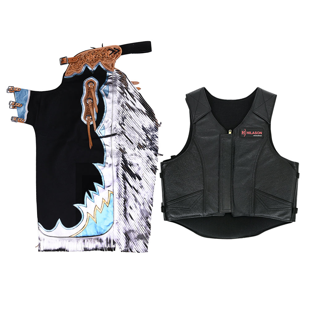 HILASON Western Horse Bull Riding Safety Leather Protective Vest &amp; Rodeo Chaps Combo