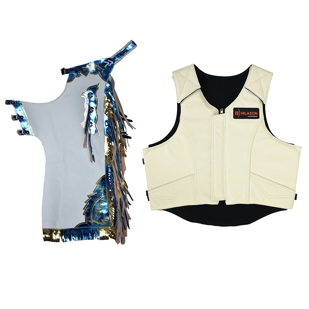 HILASON Western Horse Bull Riding Safety Leather Protective Vest &amp; Rodeo Chaps Combo