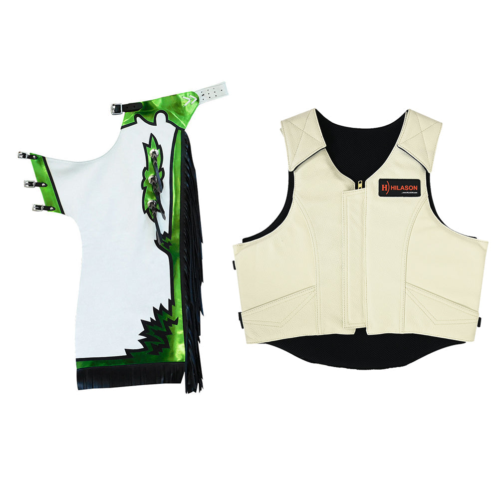 HILASON Western Horse Bull Riding Safety Leather Protective Vest &amp; Rodeo Chaps Combo