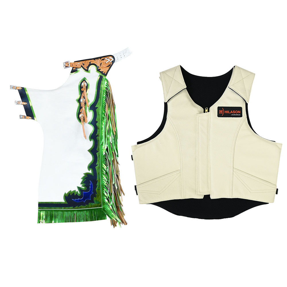 HILASON Western Horse Bull Riding Safety Leather Protective Vest &amp; Rodeo Chaps Combo