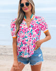 Floral Contrast Stripe Short Sleeve Blouse