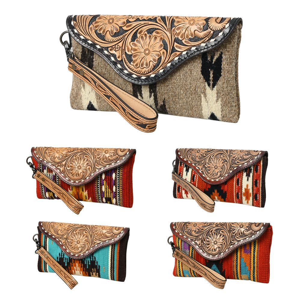 American Darling Wristlet Hand Tooled Upcycled Wool Genuine Leather Women Bag Western Handbag Purse