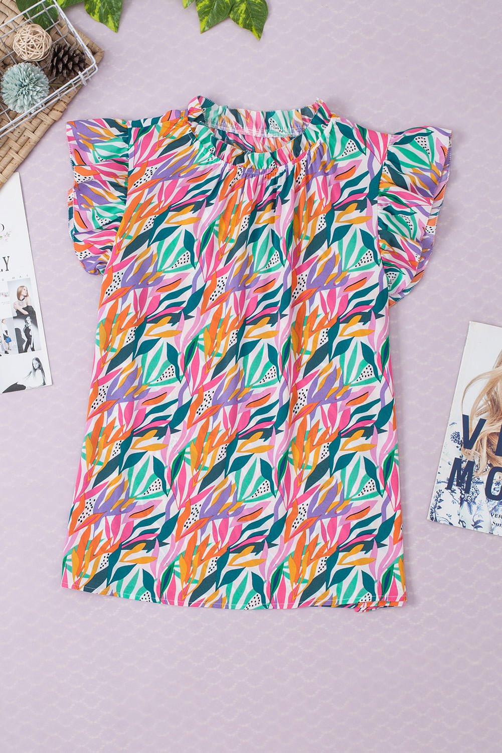 Abstract Floral Ruffle Flutter Sleeve Blouse