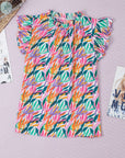Abstract Floral Ruffle Flutter Sleeve Blouse