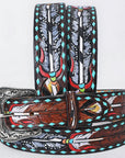 American Darling Floral Hand Carved Painted Belt Buckle Genuine Leather Covered Stylish Brown | Western