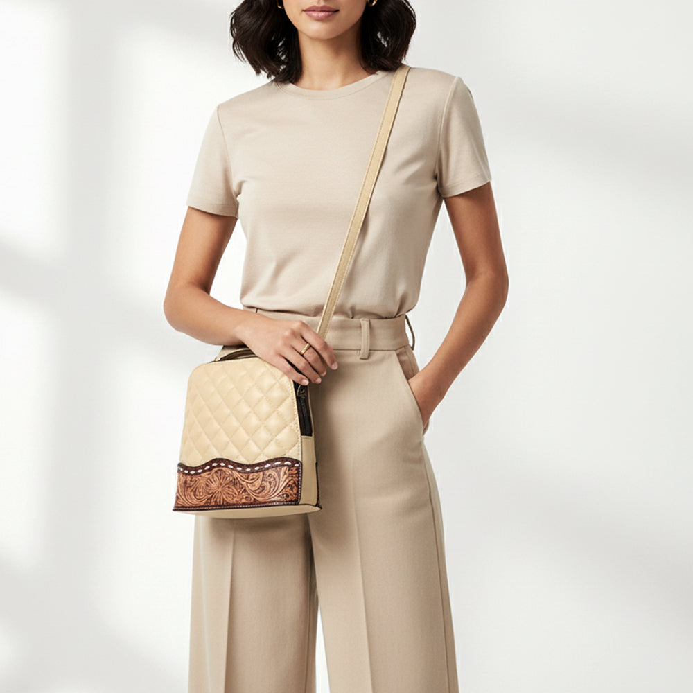 American Darling Western Cross Body Bag Handcrafted from Quilted &amp; Hand-Tooled Genuine Leather | Floral Carved Accent, Buckstitch &amp; YKK Zipper
