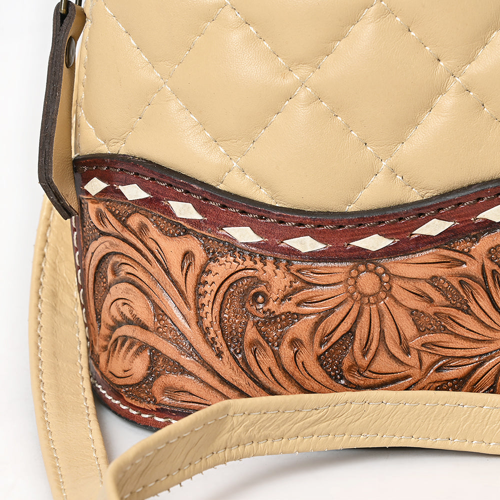 American Darling Western Cross Body Bag Handcrafted from Quilted &amp; Hand-Tooled Genuine Leather | Floral Carved Accent, Buckstitch &amp; YKK Zipper