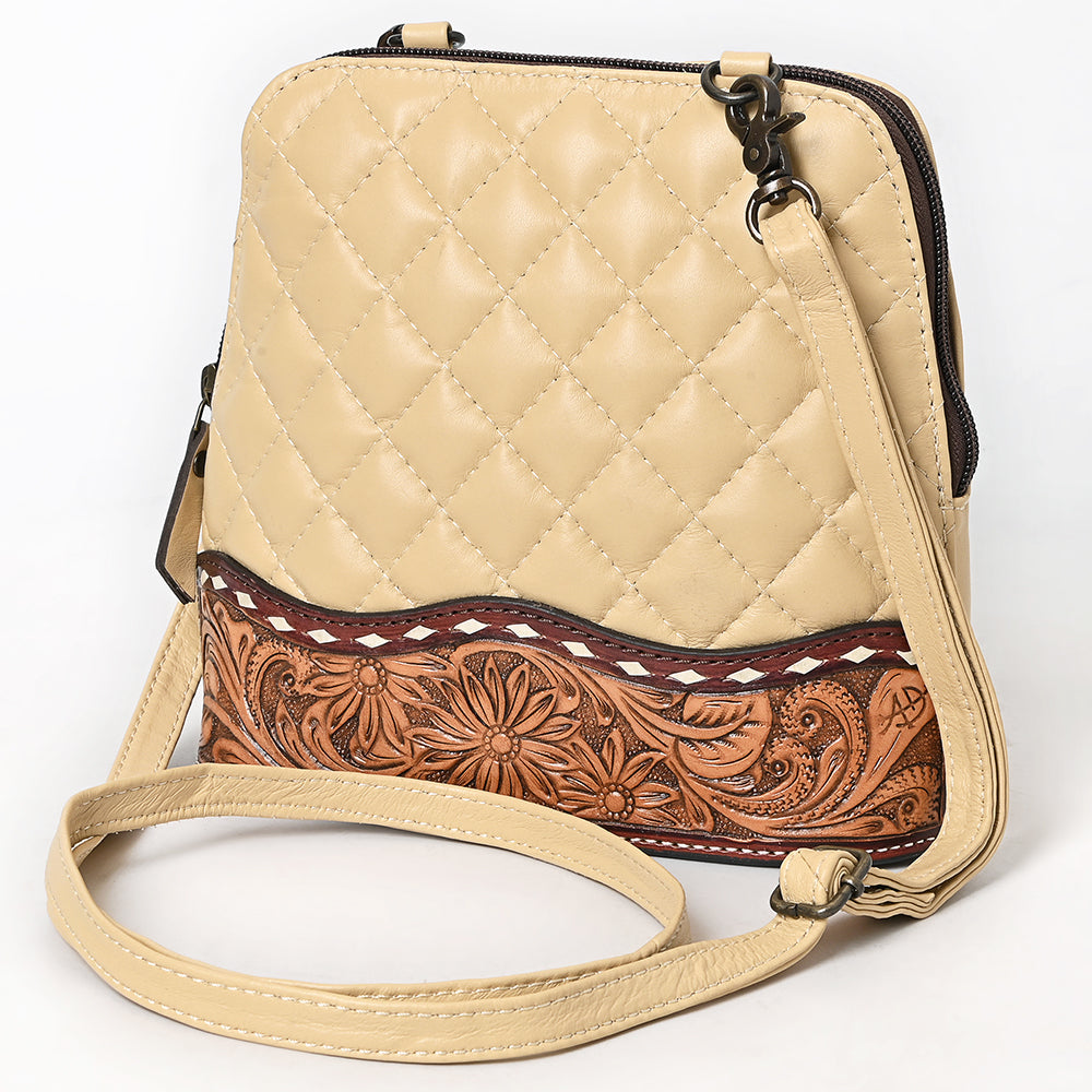 American Darling Western Cross Body Bag Handcrafted from Quilted &amp; Hand-Tooled Genuine Leather | Floral Carved Accent, Buckstitch &amp; YKK Zipper