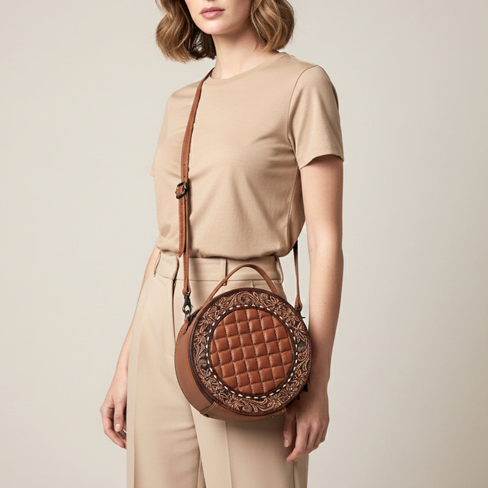 American Darling Black Western Round Canteen Bag Handcrafted from Quilted &amp; Hand-Tooled Genuine Leather | Floral Carved Frame, Buckstitch &amp; YKK Zipper