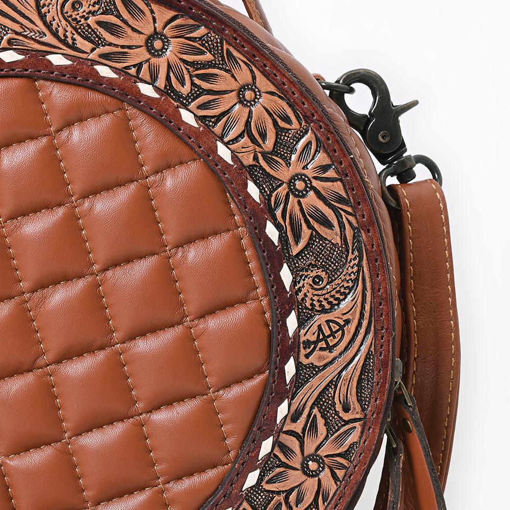 American Darling Black Western Round Canteen Bag Handcrafted from Quilted &amp; Hand-Tooled Genuine Leather | Floral Carved Frame, Buckstitch &amp; YKK Zipper