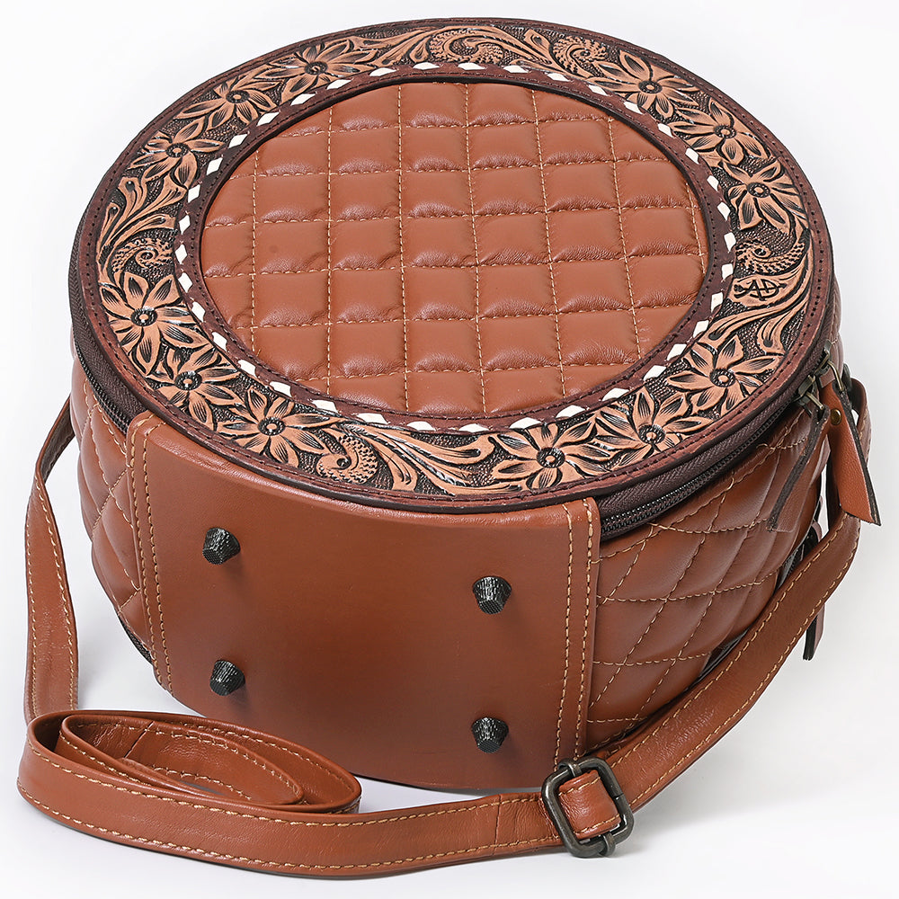 American Darling Black Western Round Canteen Bag Handcrafted from Quilted &amp; Hand-Tooled Genuine Leather | Floral Carved Frame, Buckstitch &amp; YKK Zipper