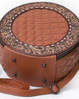 American Darling Black Western Round Canteen Bag Handcrafted from Quilted & Hand-Tooled Genuine Leather | Floral Carved Frame, Buckstitch & YKK Zipper