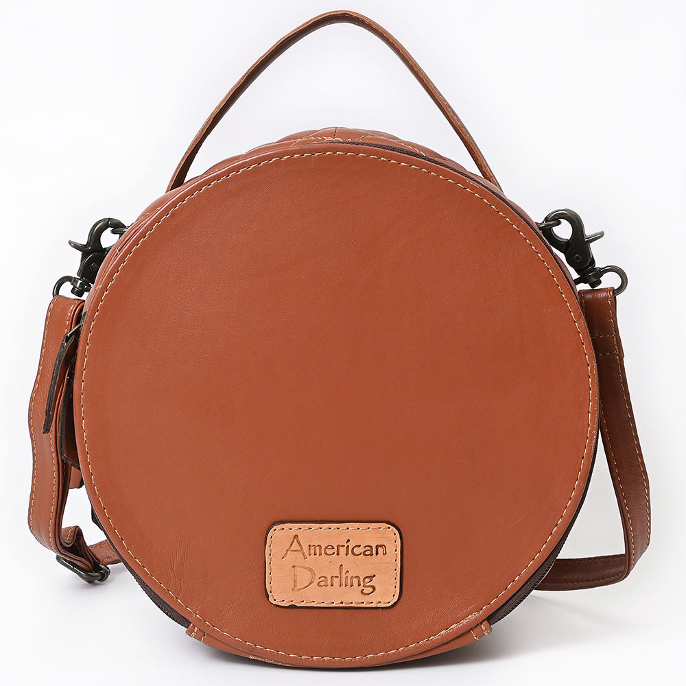 American Darling Black Western Round Canteen Bag Handcrafted from Quilted &amp; Hand-Tooled Genuine Leather | Floral Carved Frame, Buckstitch &amp; YKK Zipper
