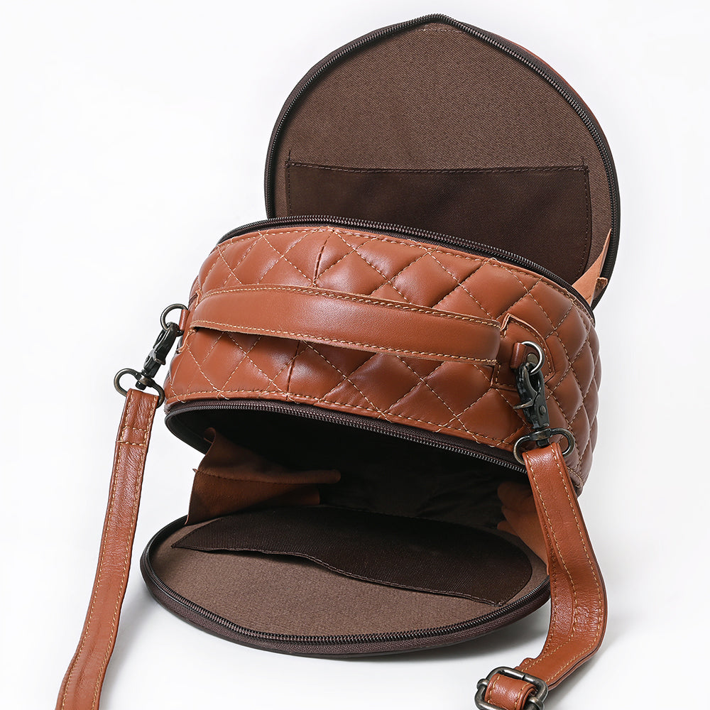 American Darling Black Western Round Canteen Bag Handcrafted from Quilted &amp; Hand-Tooled Genuine Leather | Floral Carved Frame, Buckstitch &amp; YKK Zipper