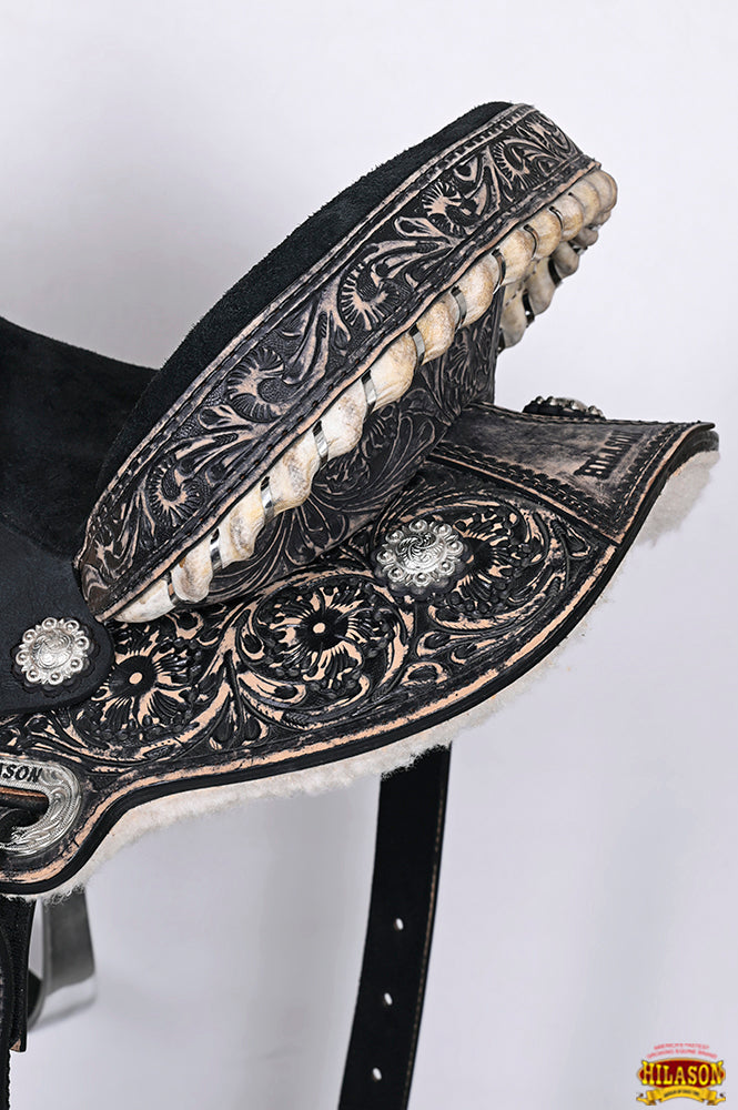Antique Black Western Barrel Saddle With Flex Tree And Hand Tooled Floral