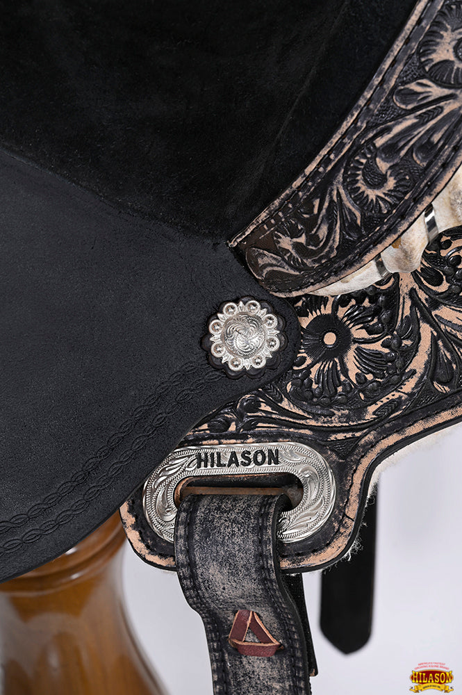 Antique Black Western Barrel Saddle With Flex Tree And Hand Tooled Floral