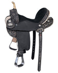Antique Black Western Barrel Saddle With Flex Tree And Hand Tooled Floral