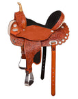 Hilason Western Horse Barrel Flex Tree Trail Saddle American Leather Saddle Tan  Gorgeous Floral Hand Tooled & Carved