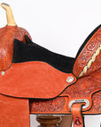 Hilason Western Horse Barrel Flex Tree Trail Saddle American Leather Saddle Tan  Gorgeous Floral Hand Tooled & Carved