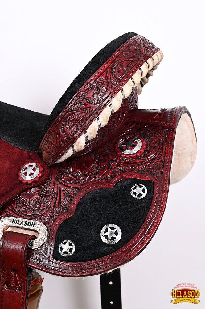 Hilason Western Horse Barrel Flex Tree Trail American Leather Saddle Mahogany Gorgeous Floral Hand Tooled &amp; Carved