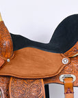 Tan Leather Western Saddle With Floral Hand Carving For Trail Riding