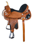 Tan Leather Western Saddle With Floral Hand Carving For Trail Riding