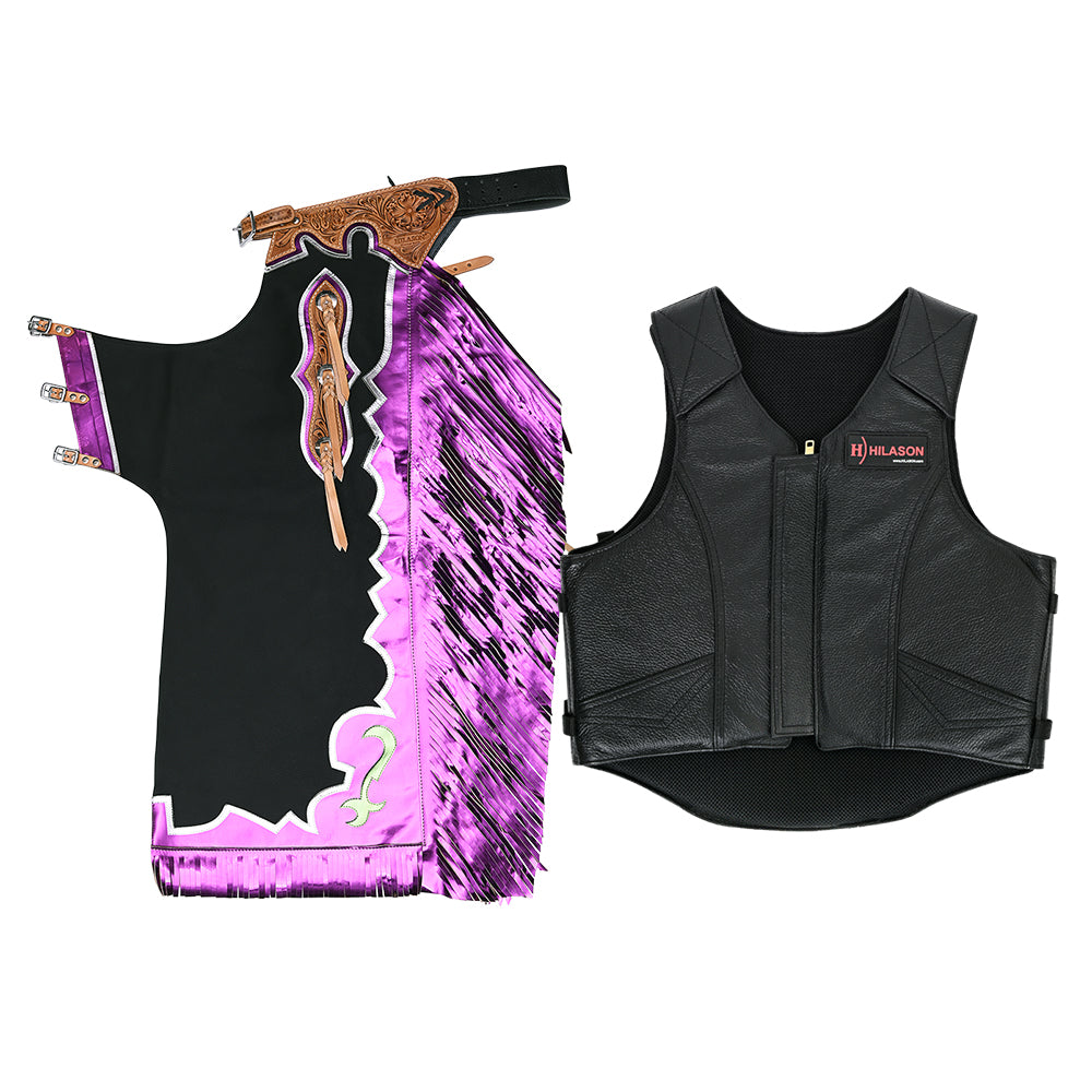 HILASON Western Horse Bull Riding Safety Leather Protective Vest &amp; Rodeo Chaps Combo