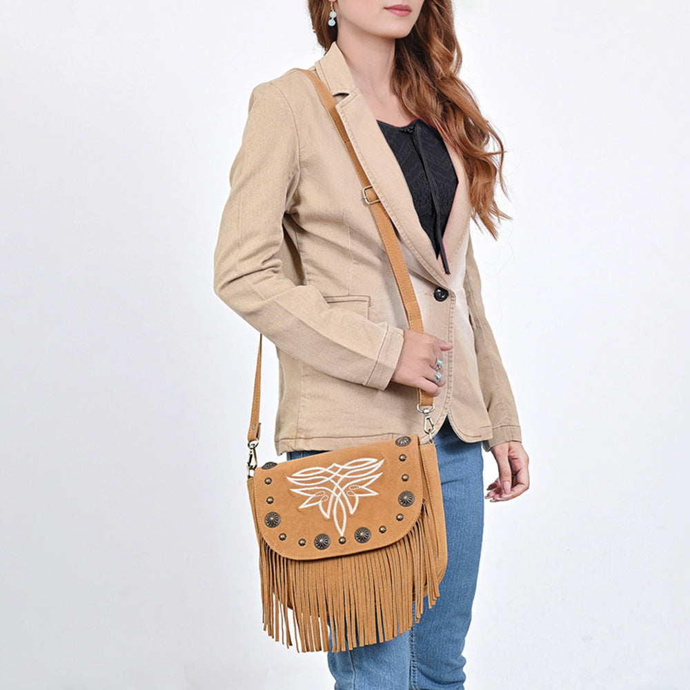 American Darling Genuine Suede Leather Cross body Bag - Fringe, Embroidery &amp; Concho Eco-Friendly Vegetable Tanned Purse