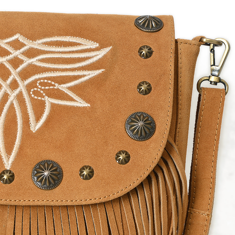 American Darling Genuine Suede Leather Cross body Bag - Fringe, Embroidery &amp; Concho Eco-Friendly Vegetable Tanned Purse