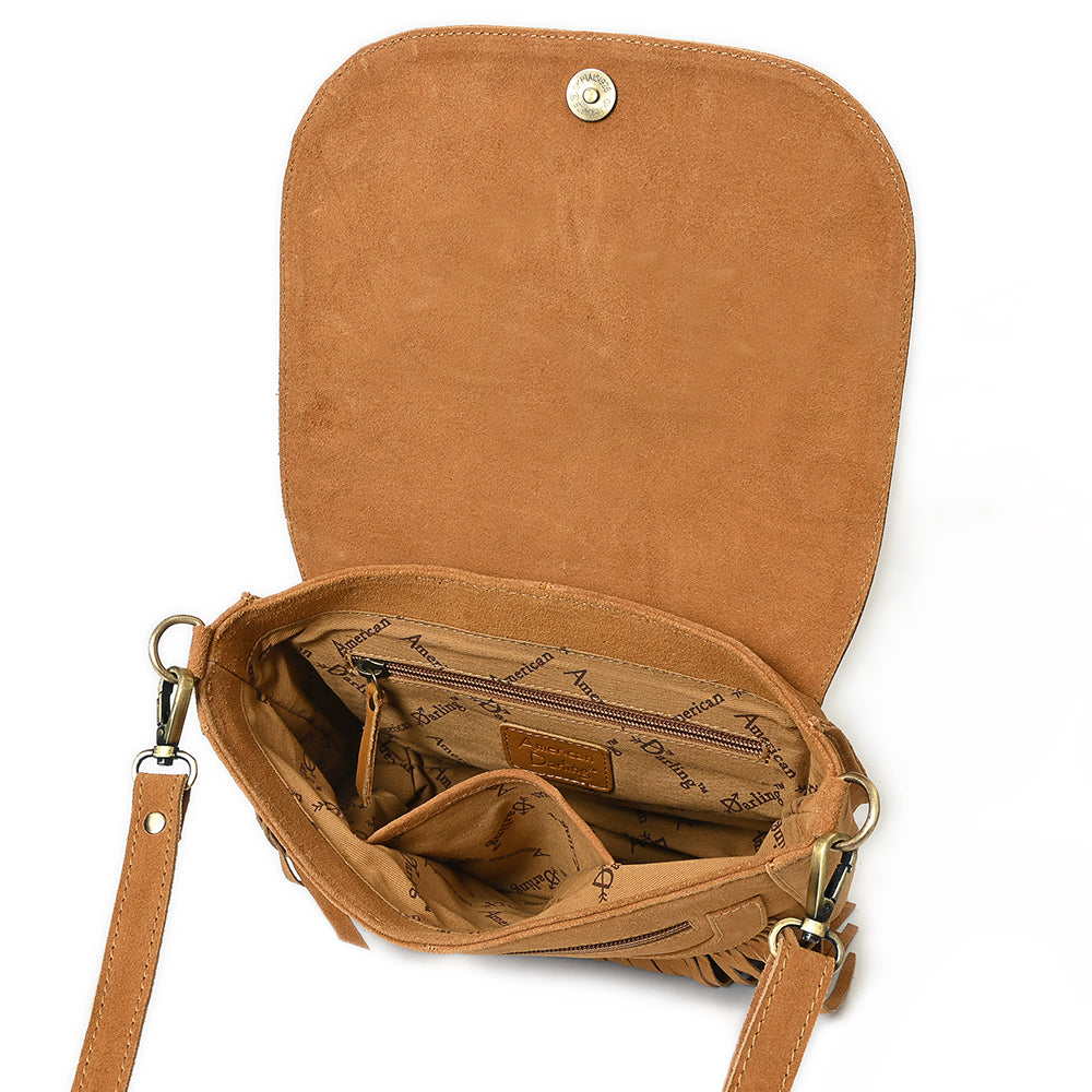 American Darling Genuine Suede Leather Cross body Bag - Fringe, Embroidery &amp; Concho Eco-Friendly Vegetable Tanned Purse