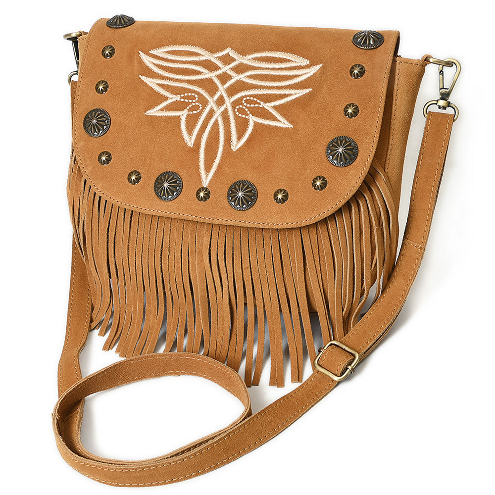 American Darling Genuine Suede Leather Cross body Bag - Fringe, Embroidery &amp; Concho Eco-Friendly Vegetable Tanned Purse