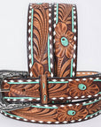 American Darling Floral Hand Carved Painted Belt Buckle Genuine Leather Covered Stylish Brown | Western