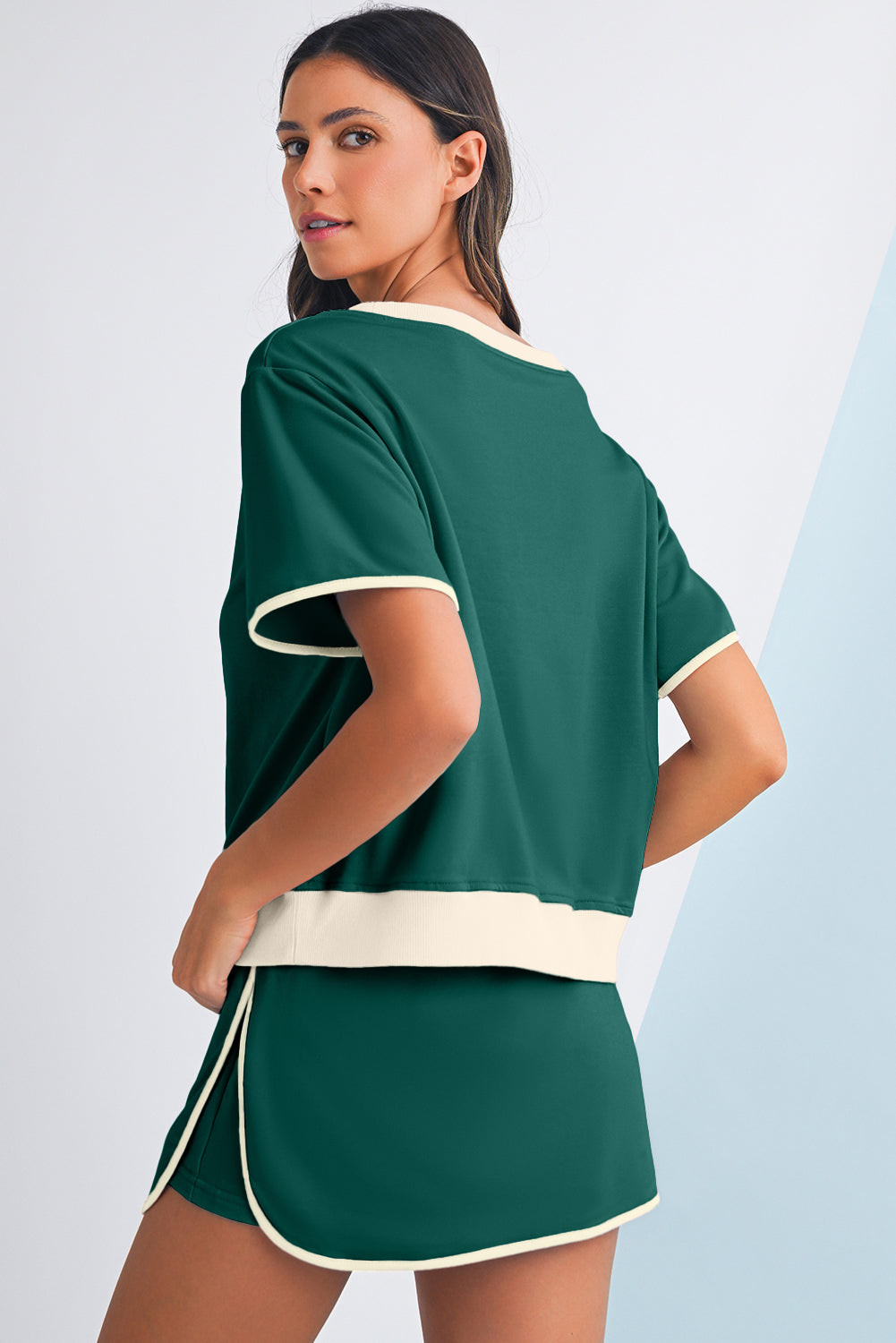 Colorblock Edge Drop Shoulder T Shirt and Skort Set