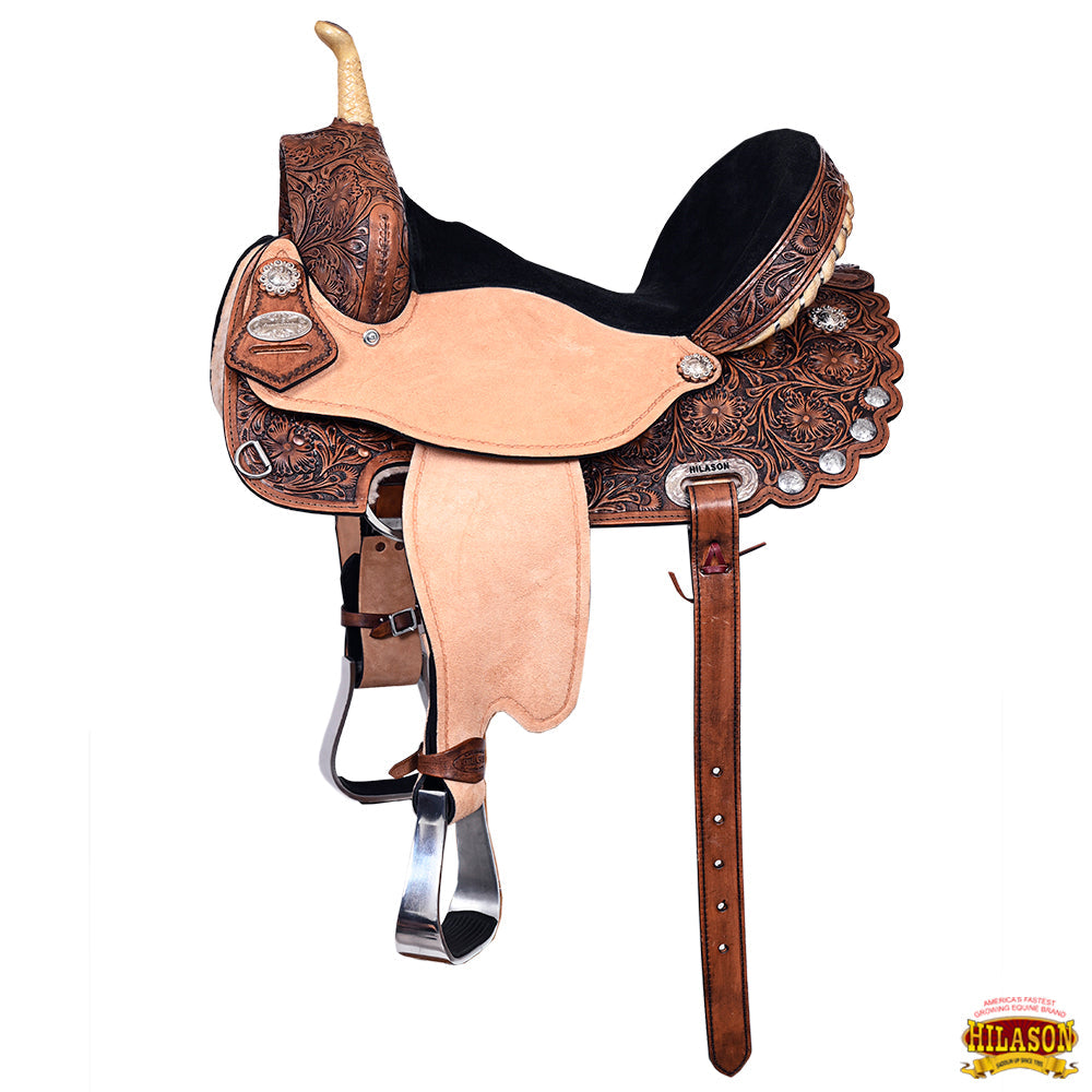 HILASON Western Horse Flex Tree Trail Barrel American Leather Saddle &amp; Handtooled Headstall Breast Collar Set Brown
