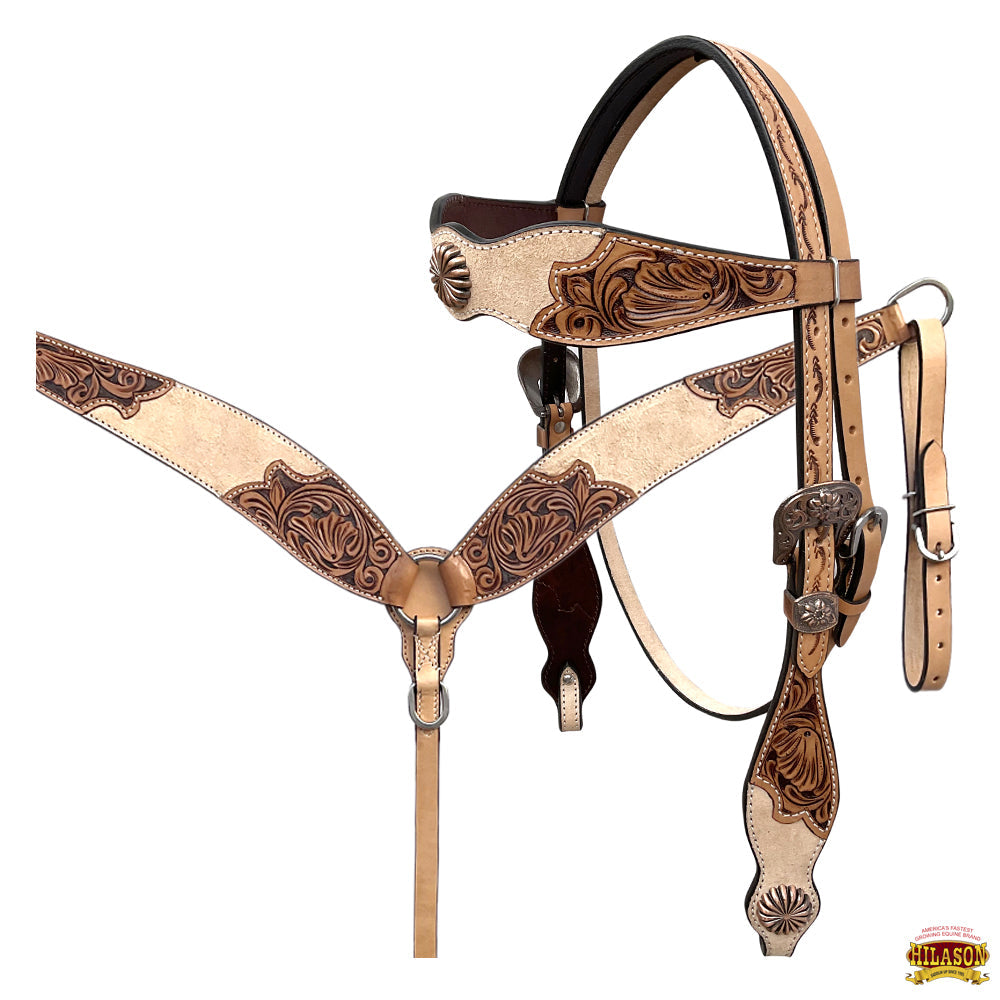 HILASON Western Horse Flex Tree Trail Barrel American Leather Saddle &amp; Handtooled Headstall Breast Collar Set Brown