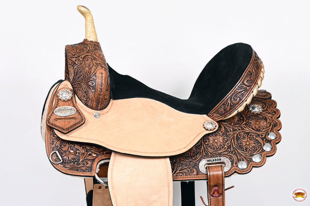 HILASON Western Horse Flex Tree Trail Barrel American Leather Saddle &amp; Handtooled Headstall Breast Collar Set Brown