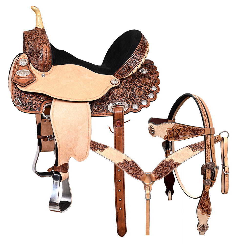 HILASON Western Horse Flex Tree Trail Barrel American Leather Saddle &amp; Handtooled Headstall Breast Collar Set Brown