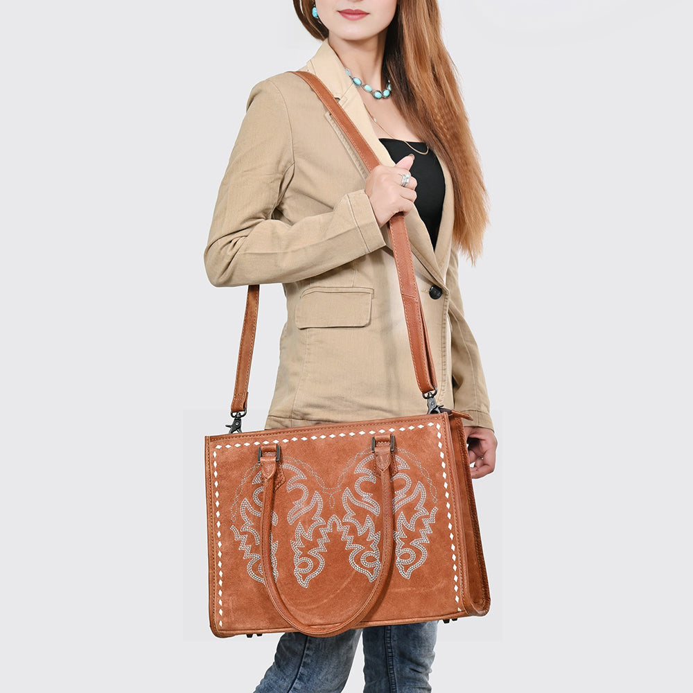 American Darling Tote Bag for Women, Boot Stitched Genuine Suede &amp; Vegetable-Tanned Full Grain Leather Western Purse, YKK Zipper