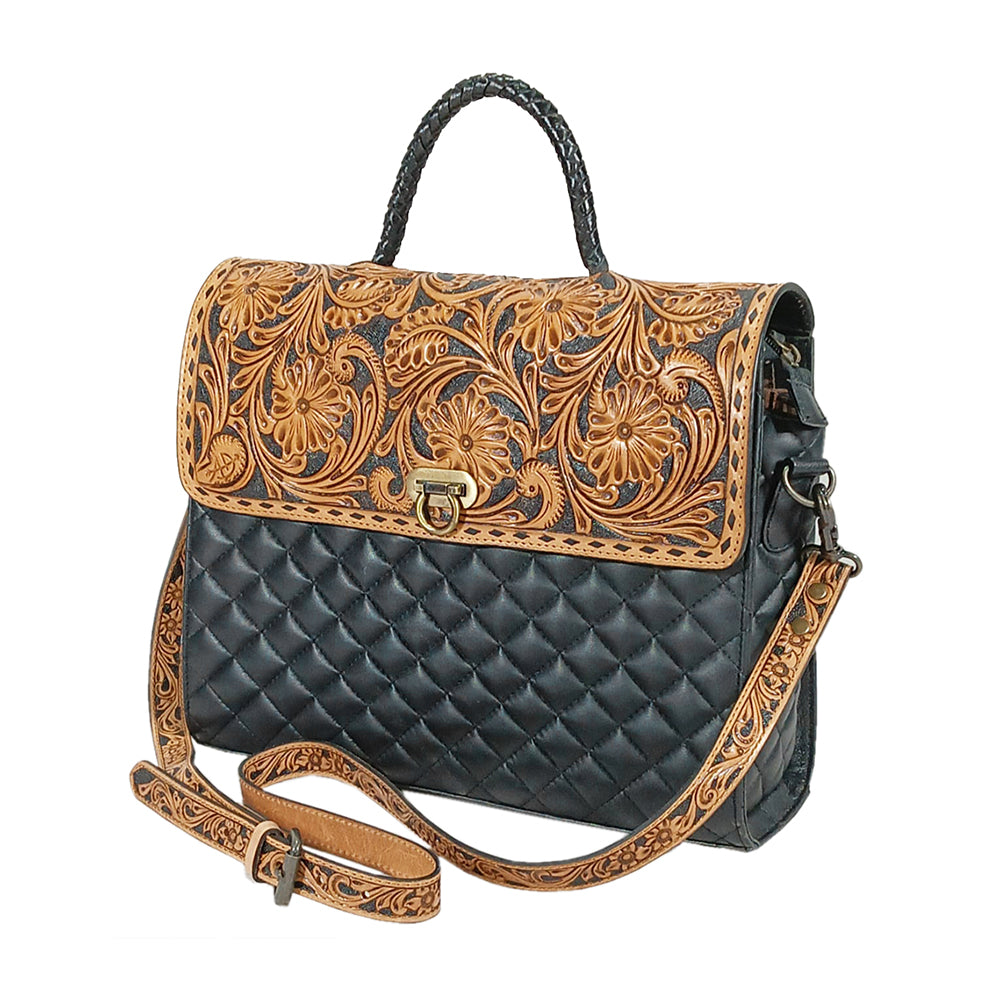 American Darling Hand-Tooled Floral &amp; Quilted Leather Western Messenger Bag