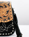 Western Tooled Suede Leather Crossbody Bag Black Tan