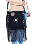 American Darling Large Cross body Bag Western Suede Leather Purse with Fringes Rivets Concho and YKK Zipper for Women
