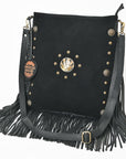 American Darling Large Cross body Bag Western Suede Leather Purse with Fringes Rivets Concho and YKK Zipper for Women