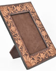 Handcrafted Leather Photo Frame With Floral Carving For Western Tabletop Display 10.5x9Inch